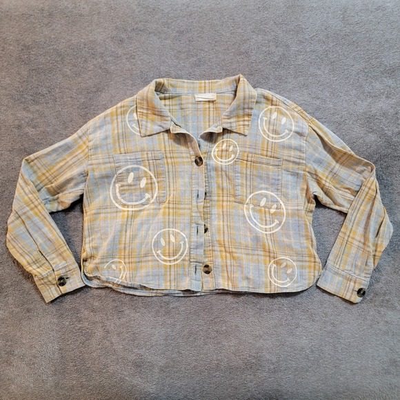 Altar'd State Tops - Altar'd State Multicolor Plaid Smiley Face Cropped Long Sleeve Collared Shirt S